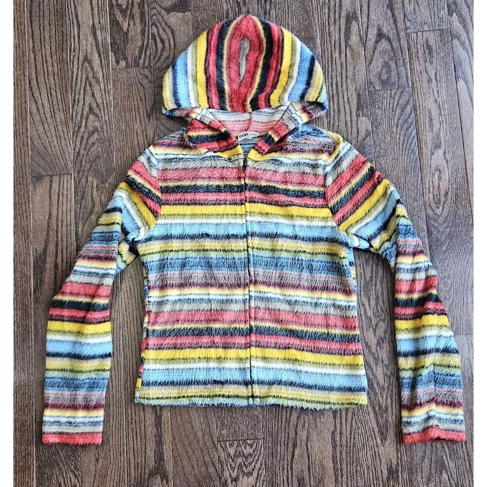 Vintage Y2K Helium Authentique Paris Striped Fuzzy Zip-Up Hooded Jacket Size L